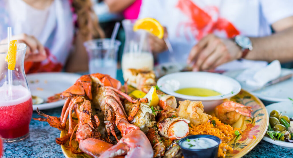 a seafood meal at a restaurant